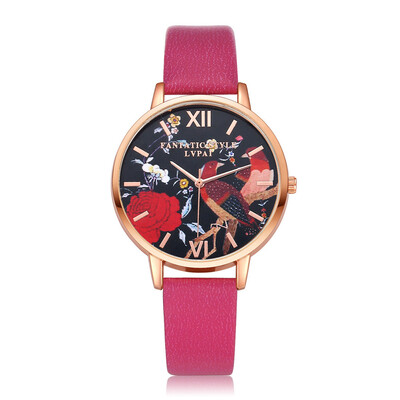 

Luxury Women Watches Red Rose Pattern Dial Ladies Quartz Wristwatch Simple Leather Strap Clock Casual Dress Relogio Feminino