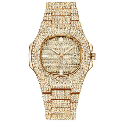 

Men Business Quartz Watch Luxury Full Diamond Watches Fashion Calendar Alloy Band Wrist Watch