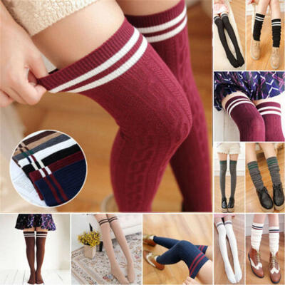 

Women Knit Cotton Over The Knee Long Socks Striped Thigh High Stocking Socks US
