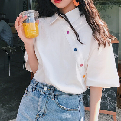

T-shirt Short Sleeve Women Turn-down Collar Irregular Patchwork Button Up Tops Solid Basic Soft Tops T-shirt