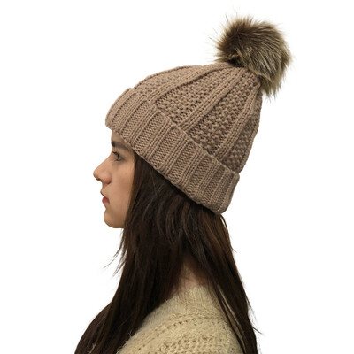 

Tailored Women Autumn Winter Outdoor Faux Fur Ball Hats Crochet Knit Holey Beanie Cap