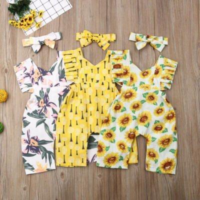 

2PCS Newborn Baby Girl Ruffle Sleeves Romper Bodysuit Headband Summer Outfits
