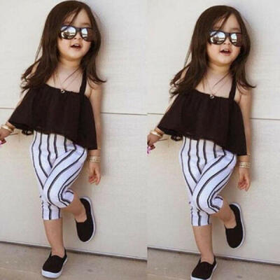 

Toddler Kid Baby Girl Clothes Strap TopsStripe Trousers Pants 2PCS Outfits Set