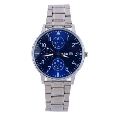 

Gobestart Simple Mens Calendar Watch Three Eyes Dial Stainless Steel Belt Quartz Watch