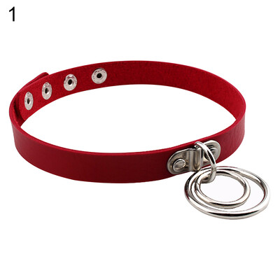 

Lady Fashion Punk Choker Double Rings Pendant Faux Leather Short Collar Necklace
