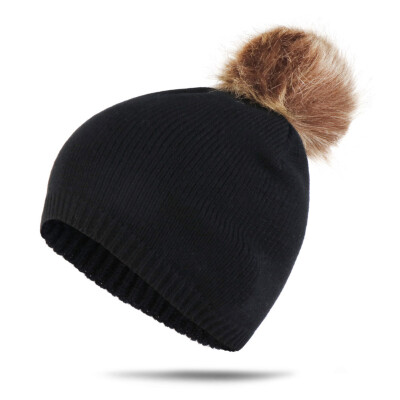 

Winter Women Real Fur Pom Pom Hats Wool Knitted Thick Warm Lined Beanies Hat Lady Fashion Bobble Ski Caps