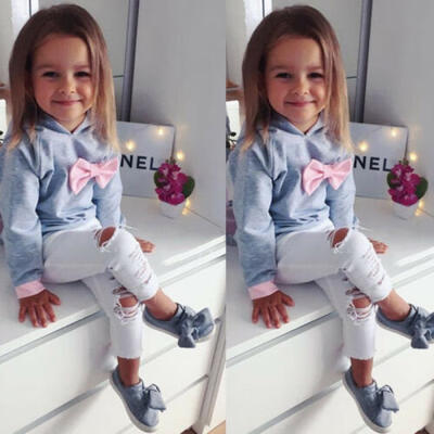 

US Stock Toddler Kid Baby Girls Cotton Bowknot Hoodie T-shirt TopDenims Clothes