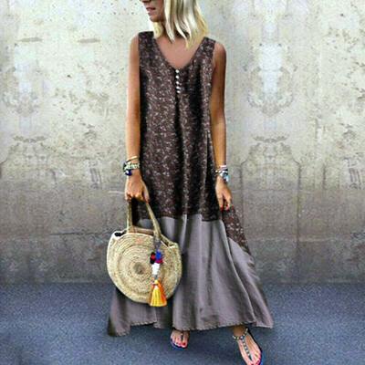 

Plus Size Womens Retro Loose Sleeveless Linen Dress Kaftan Long Maxi Dresses