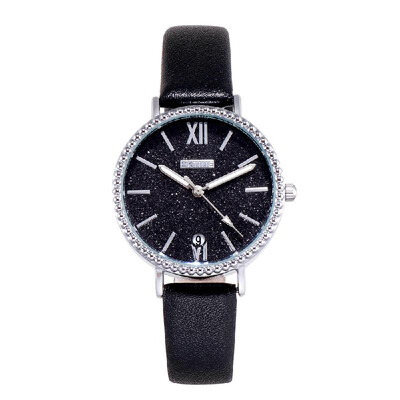

Fashion Women Brilliant Starry Night Black Dial Quartz Watch Student Calendar Alloy Case PU Leather Band Wrist Watch
