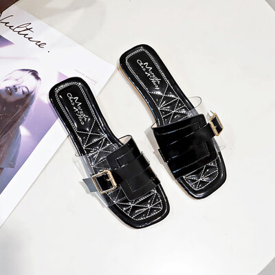 

South Korea east gate sandals&slippers fairy Feng Xia 2019 fashion splice new buckle transparent square head flat bottom drag
