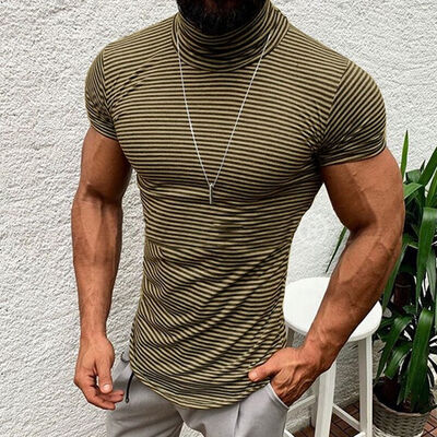 

Mens Striped Turtleneck Short Sleeve Muscle Tee Shirt Casual T-shirt Tops Blouse