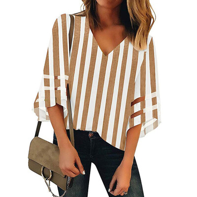 

Starmoon Womens V Neck Striped Mesh Panel Blouse 34 Bell Sleeve Casual Loose Top Shirt