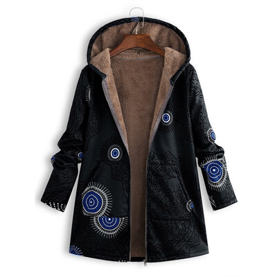 

Womens Warm Hoodie Hooded Coat Zip Up Print Jacket Long Sleeve Plush Outwear