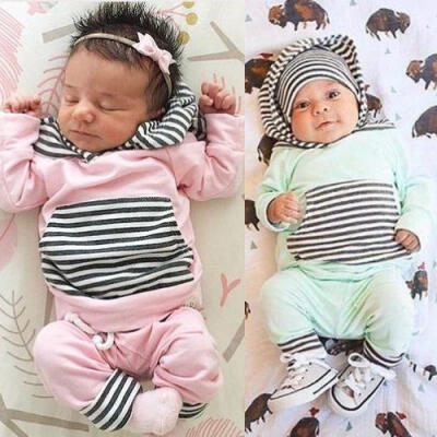 

2pcs Newborn Baby Girl Stripe Hoodie Coat TopsLong Pants Leggings Outfits Set