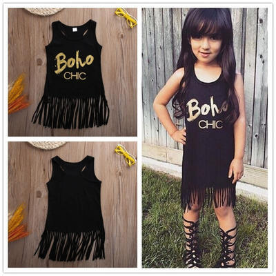 

Toddler Kids Baby Girl Summer Clothes Sleeveless Tassel Tops T-Shirt Dresses