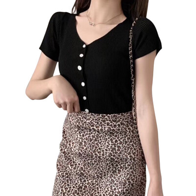

Women tshirt Summer Concsie Casual All-match Solid Color Slim Fit V-collar Short Style T-shirts