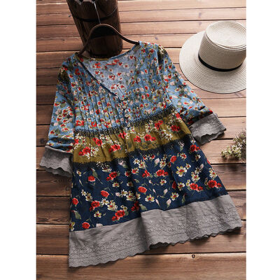 

Boho Women Vintage 34 Sleeve V-Neck Floral Loose Blouse T-shirt Tops Shirt NEW