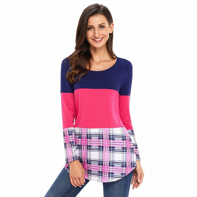 

Round neck long sleeve plaid stitching shirt casual straight top