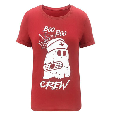 

Fashion Women Halloween Basic Tops O Neck Long Sleeve Letter Ghost Vampire Bat Cartoon Print Summer Casual Tees Blouse