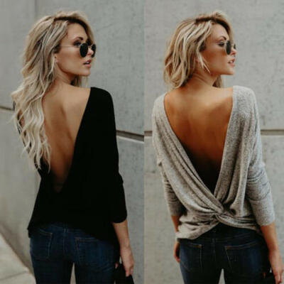 

Fashion Women Long Sleeve Twisted Open Back Loose Tops Casual Shirt Blouse