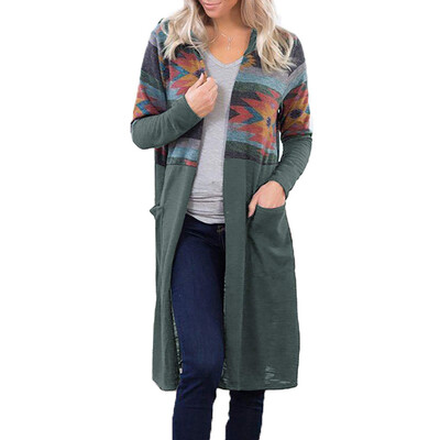 

Womens Long Sleeve Slouchy Cardigan Open Front Draped With Pockets Mid Length