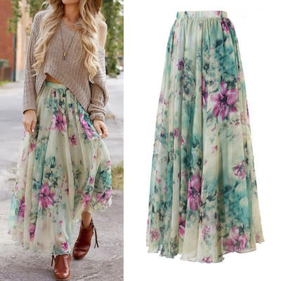 

BOHO Women Floral Jersey Gypsy Long Maxi Full Skirt Summer Beach Sun Dress Beach