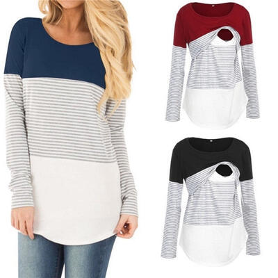 

Women Maternity Blouse Breastfeeding Tops Long Sleeve Nursing T-shirt Stripe