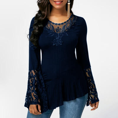 

5XL Lace Crochet Blouse Womens Long Sleeve Round Neck Casual Slim Plus Size Shirt Tops