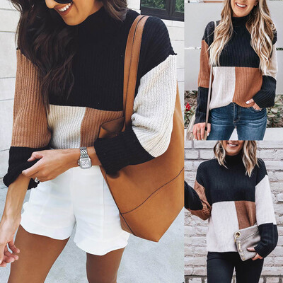 

〖Follure〗Women Colorblock Stand Long Sleeve Knitted Sweater Jumper Pullover Top Blouse