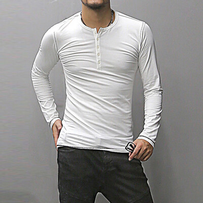 

Mens Casual Pullover Tops Round Neck T-shirt Long Sleeve Button Slim Fit Shirt