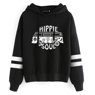 

Queenromen Unisex Hippie Soul Bus Peace Flower Women Hoodie Striped Sleeve Jumper Pullovers Hippy Gift Sweatshirt