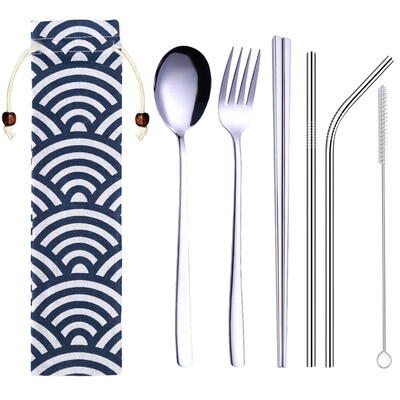 

Toponeto Stainless Steel Dinnerware Set Metal Straw Spoon Fork Chopsticks Tableware 6 Pcs