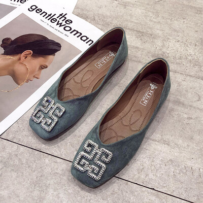 

Female summer flat-bottomed fairy wind with diamond square head shoes Korean version of soft bottom shallow mouth boat shoes late