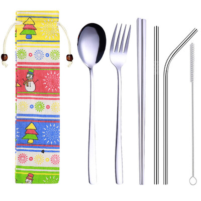 

Toponeto Stainless Steel Dinnerware Set Metal Straw Spoon Fork Chopsticks Tableware 6 Pcs