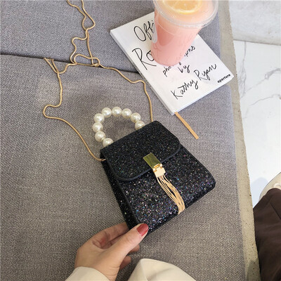 

French small bag Messenger versatile handbags new 2019 Korean version of the tide fairy sequins pearls shoulder bag