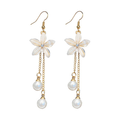 

EK229 Elegant Temperament Personality Long Simulated Pearl Pendant Drop Earrings Flowers Simple Dangle Earrings Female Jewelry