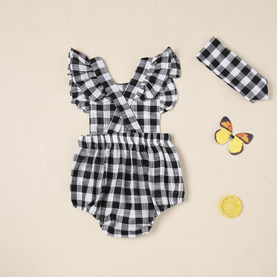 

Summer baby girl romper Black&white plaid small flying sleeves backless one-piece bodice with hair band
