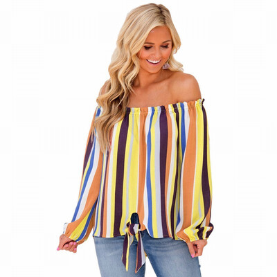

Colorful striped blouse vertical stripes long sleeves versatile shirt