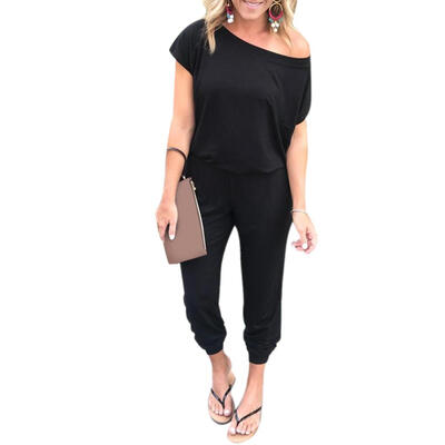 

Women Off Shoulder Long Romper Solid Color Short Sleeve Pocket Jumpsuits