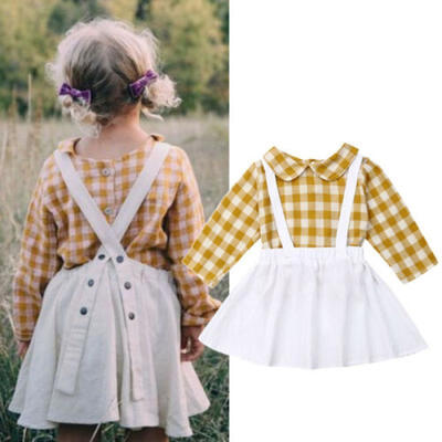 

US Autumn Infant Baby Girl Clothes Plaids Shirt Tops Bib Dress 2PCS Outfit Set