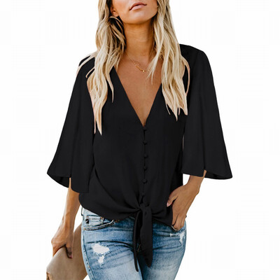 

Solid color shirt Womens V-neck long-sleeved buckle tie loose top