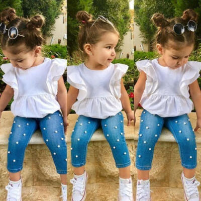 

Toddler Kids Baby Girl 100 Cotton Top T-shirt Denim Pearl Pants Outfits Clothes
