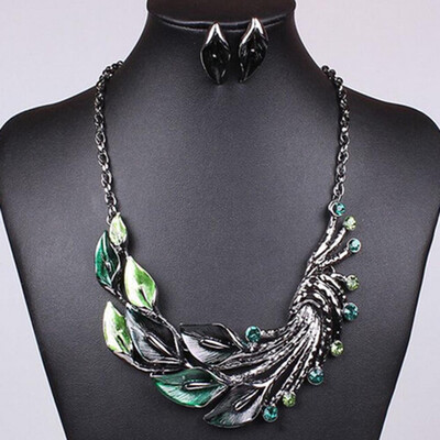 

2019 New Fashion Retro Tibetan Leaf Peacock Crystal Rhinestone Drop Earrings Short Necklace Set