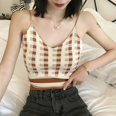 

Womens Sexy V Neck Sleeveless Plaid Print Knitted Camisole