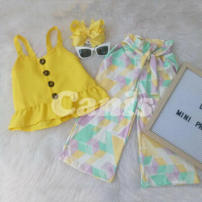 

UK Toddler Kid Baby Girl Ruffle Sling Tops Geometric Pants Outfit Clothes Summer