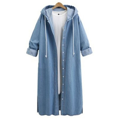 

Autumn Womens Long Denim Jacket Jean Hoodie Hooded Coat Button Cardigan Tops