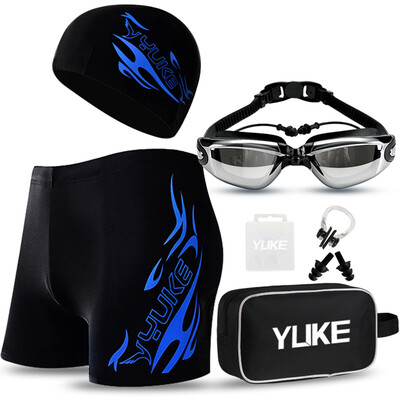 

Yuke Yuke Mens swimming suit swimming caps swimming trunks goggles five-piece blue flame upgrade models 500 degrees swimming goggles  code set 500