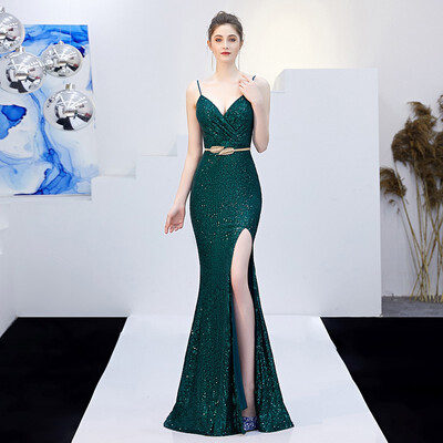 

Sexy Sling Women Mermaid Evening Dress Fashion Sleeveless Sequin Party Prom Dress Long Slim Host Dress