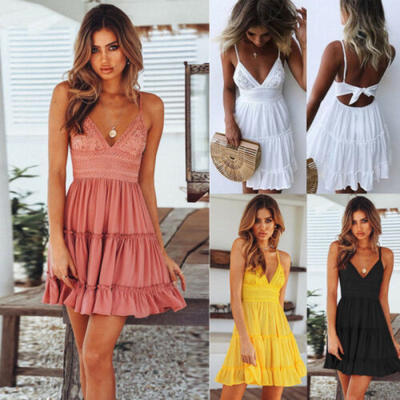 

UK Women Short Sleeve Lace Boho Floral Mini Dress Ladies Summer Sundress Holiday
