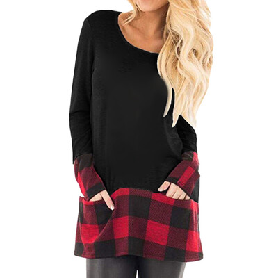 

Nomeni Womens Tops Plaid Splice Hem Round Neck Long Sleeve Cute Tunic Blouse